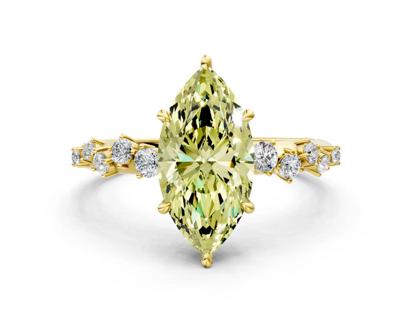 Yellow gold Fancy Yellow Marquise Cut Diamond Cluster Side Stone Solitaire Ring with Prong Setting
