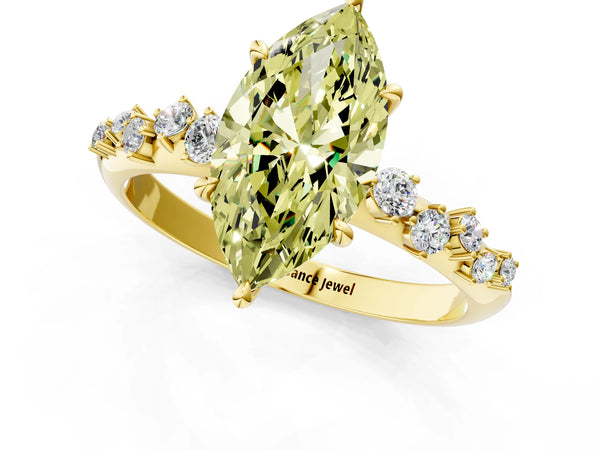 Yellow gold Fancy Yellow Marquise Cut Diamond Cluster Side Stone Solitaire Ring with Prong Setting