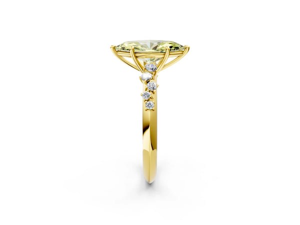 Yellow gold Fancy Yellow Marquise Cut Diamond Cluster Side Stone Solitaire Ring with Prong Setting