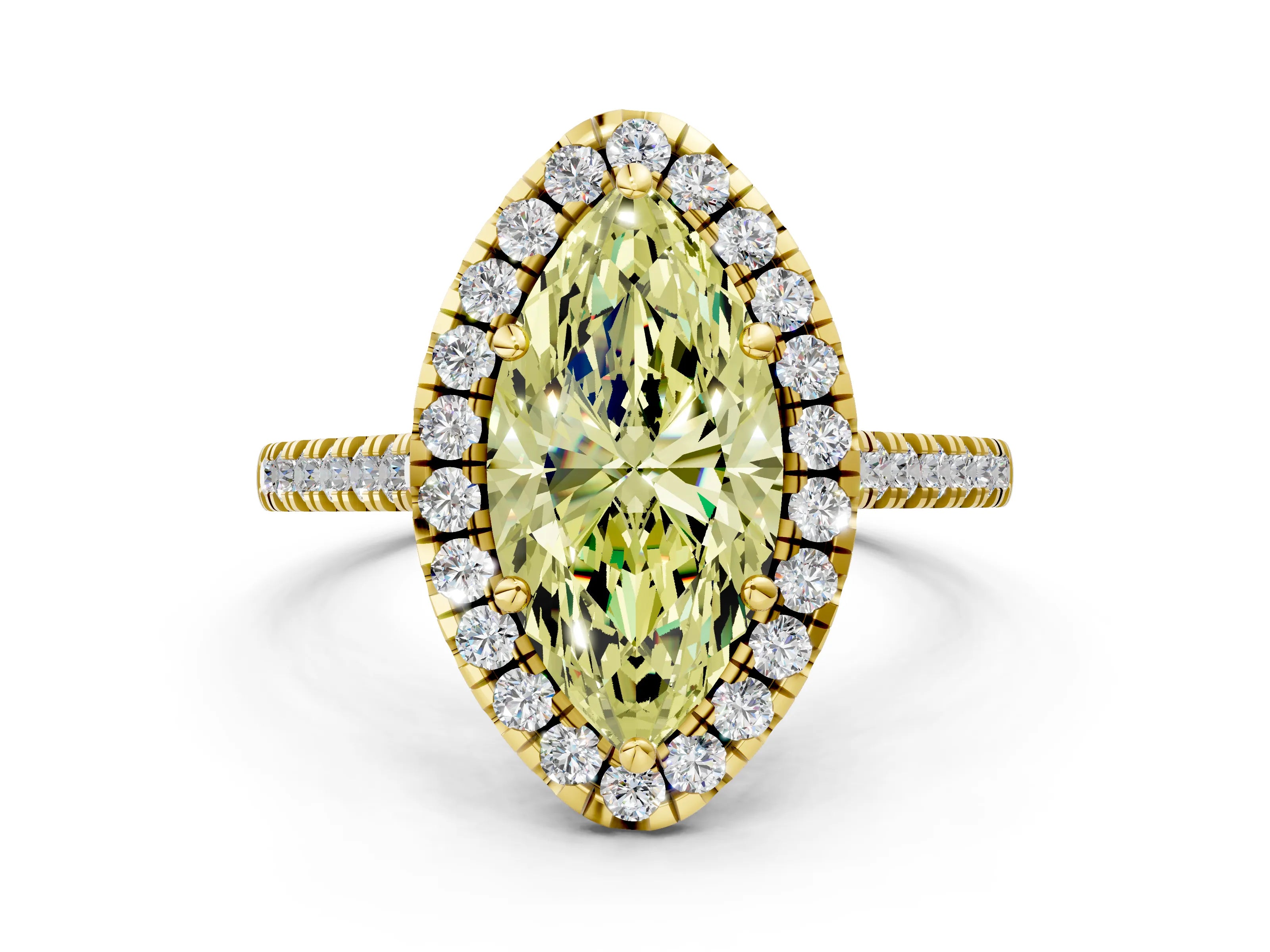 Yellow gold Fancy Yellow Marquise Cut Diamond Cushion Halo Ring with Pavé Band