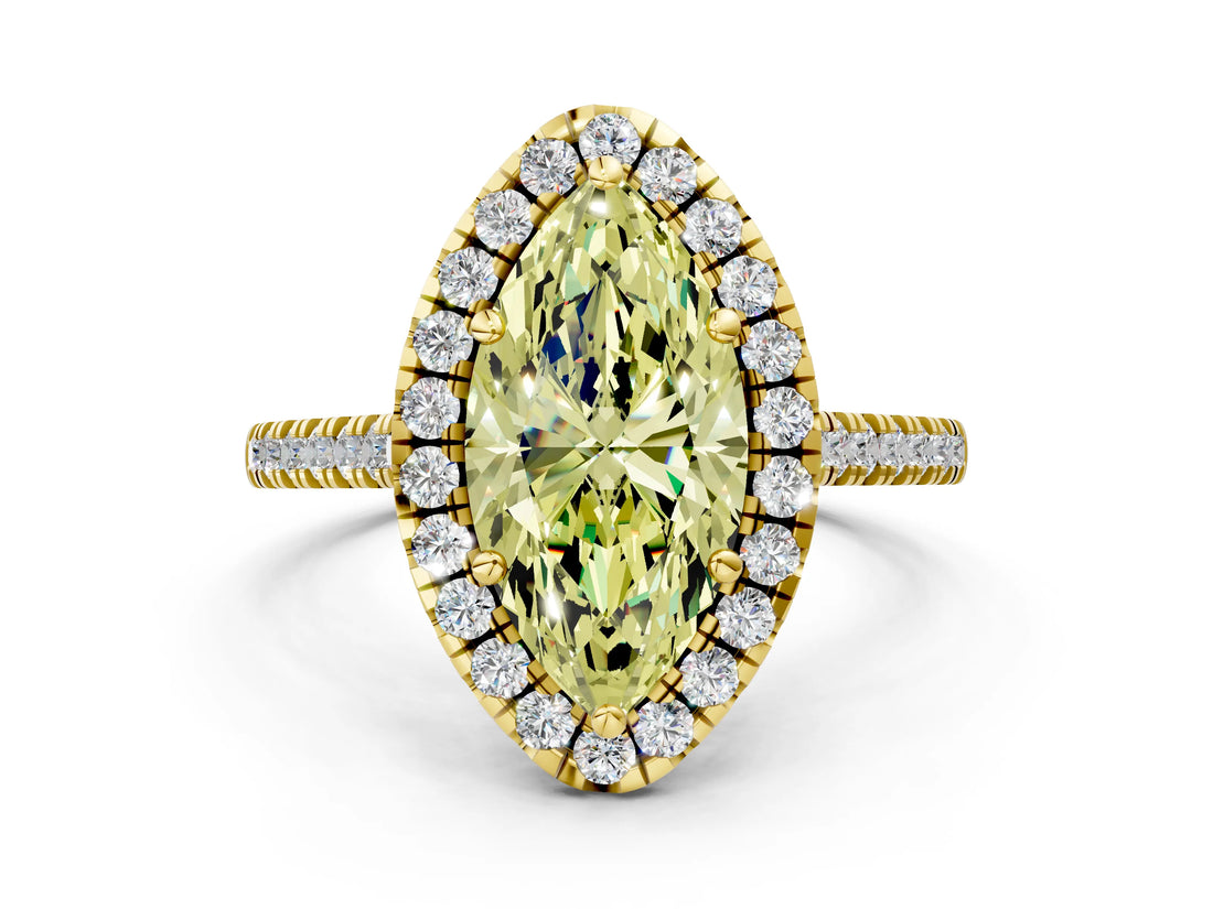 Yellow gold Fancy Yellow Marquise Cut Diamond Cushion Halo Ring with Pavé Band