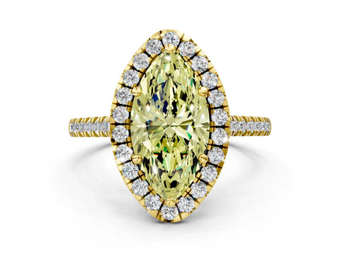 Yellow gold Fancy Yellow Marquise Cut Diamond Cushion Halo Ring with Pavé Band