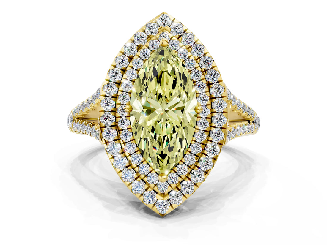 Yellow gold Fancy Yellow Marquise Cut Diamond Double Halo Ring with Pavé Band and Prong Setting_22
