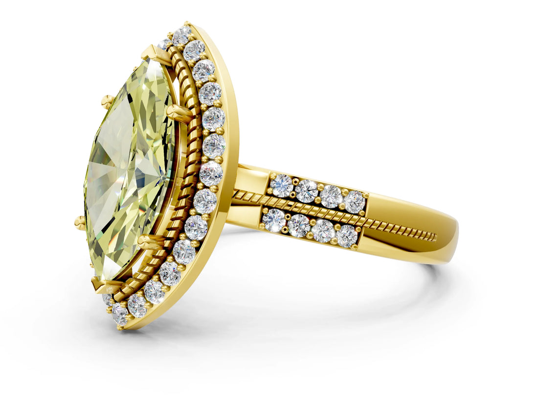Yellow gold Fancy Yellow Marquise Cut Diamond Double Halo Ring with Split Shank and Four-Prong Setting_12