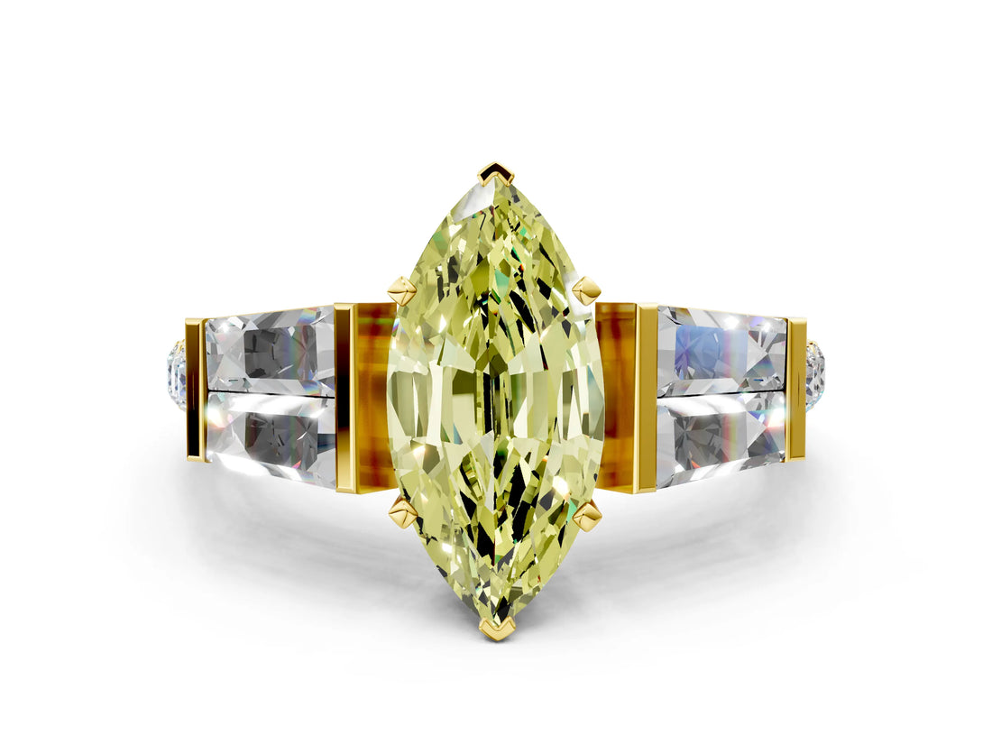 Yellow gold Fancy Yellow Marquise Cut Diamond Engagement Ring with Baguette Side Stones and Channel Set Band_17