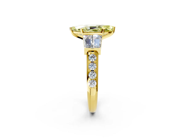 Yellow gold Fancy Yellow Marquise Cut Diamond Engagement Ring with Baguette Side Stones and Channel Set Band
