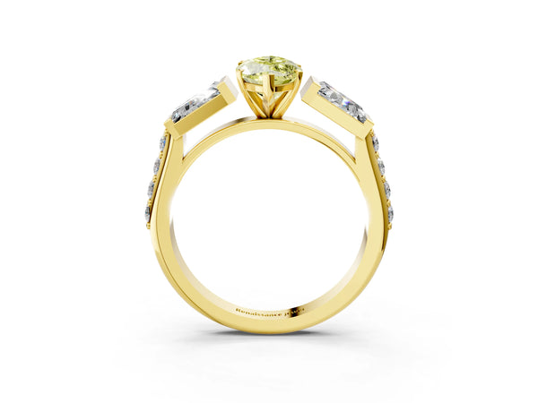 Yellow gold Fancy Yellow Marquise Cut Diamond Engagement Ring with Baguette Side Stones and Channel Set Band