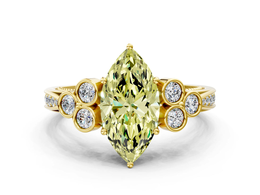 Yellow gold Fancy Yellow Marquise  Cut Diamond Engagement Ring with Bezel Set Round Side Stones and Prong Setting_24