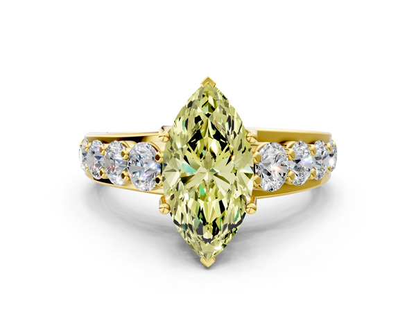 Yellow gold Fancy Yellow Marquise Cut Diamond Engagement Ring with Pavé Band and Four-Prong Setting