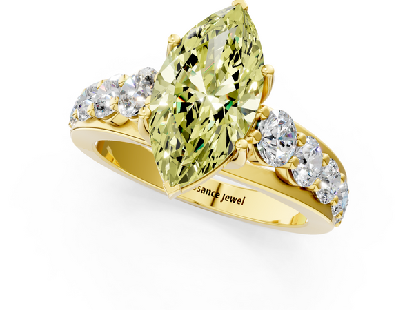 Yellow gold Fancy Yellow Marquise Cut Diamond Engagement Ring with Pavé Band and Four-Prong Setting