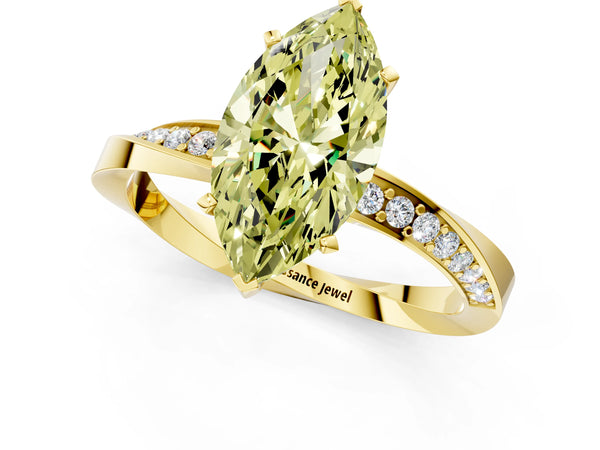 Yellow gold Fancy Yellow Marquise Cut Diamond Engagement Ring with Side Stone Accents and Four-Prong Setting