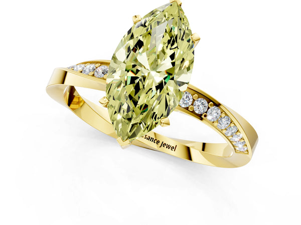 Yellow gold Fancy Yellow Marquise Cut Diamond Engagement Ring with Side Stone Accents and Four-Prong Setting