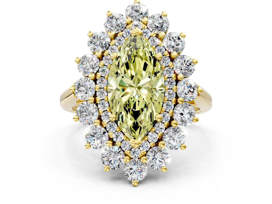Yellow gold Fancy Yellow Marquise Cut Diamond Floral Double Halo Engagement Ring with Prong Setting_24