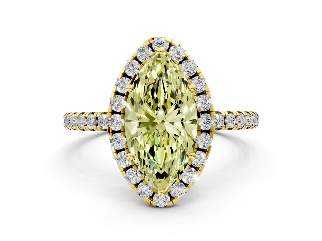 Yellow gold Fancy Yellow Marquise  Cut Diamond Floral Halo Engagement Ring with Pavé Band and Prong Setting_17