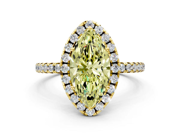 Yellow gold Fancy Yellow Marquise  Cut Diamond Floral Halo Engagement Ring with Pavé Band and Prong Setting