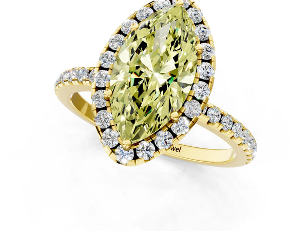 Yellow gold Fancy Yellow Marquise  Cut Diamond Floral Halo Engagement Ring with Pavé Band and Prong Setting