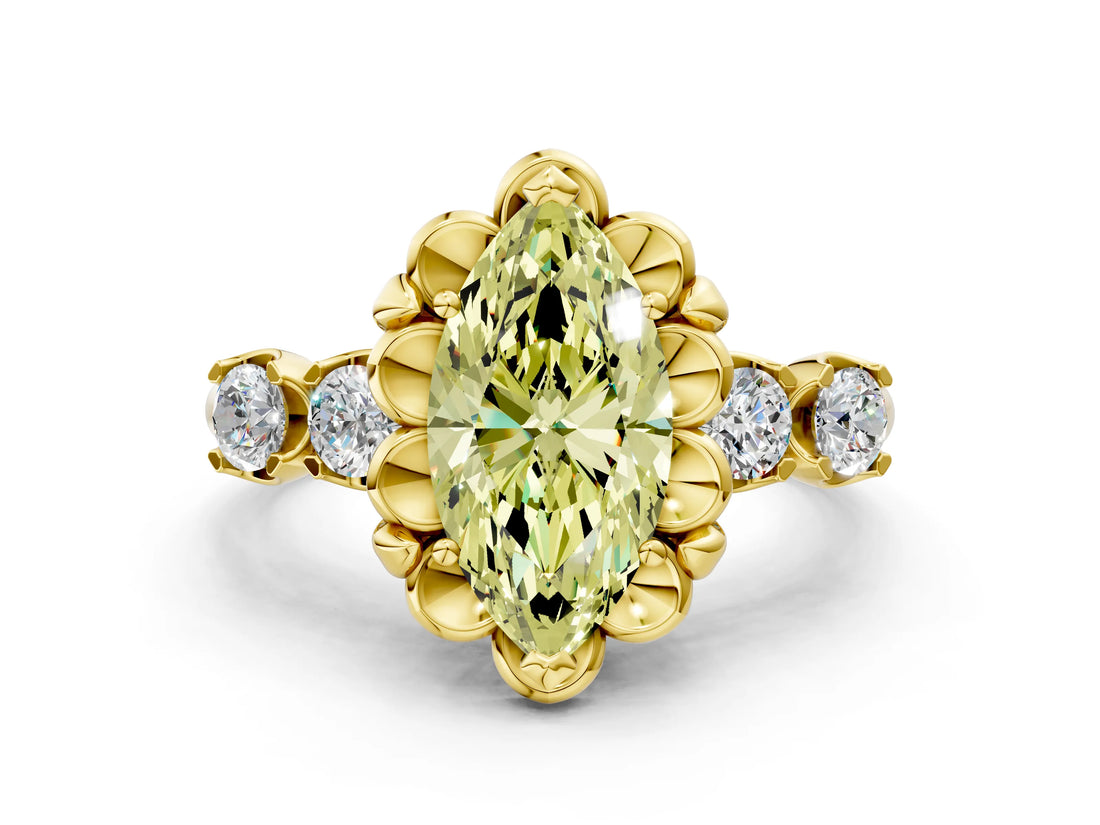 Yellow gold Fancy Yellow Marquise  Cut Diamond Floral Halo Engagement Ring with Shared Prong Setting 1