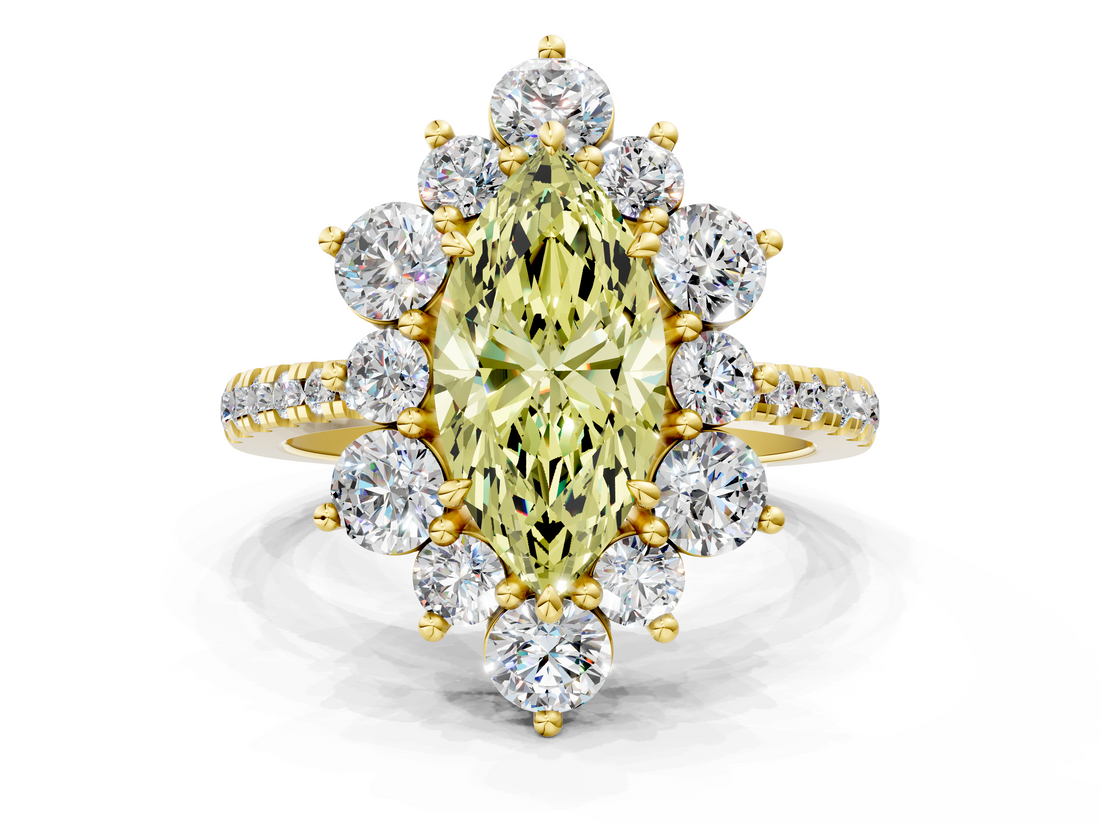 Yellow gold Fancy Yellow Marquise  Cut Diamond Floral Halo Pave Band with Prong Setting