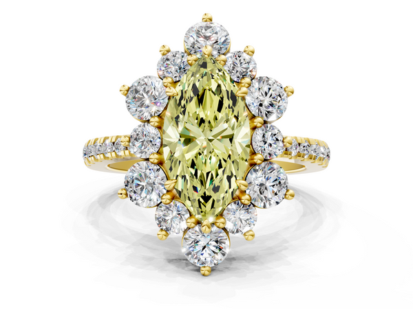 Yellow gold Fancy Yellow Marquise  Cut Diamond Floral Halo Pave Band with Prong Setting