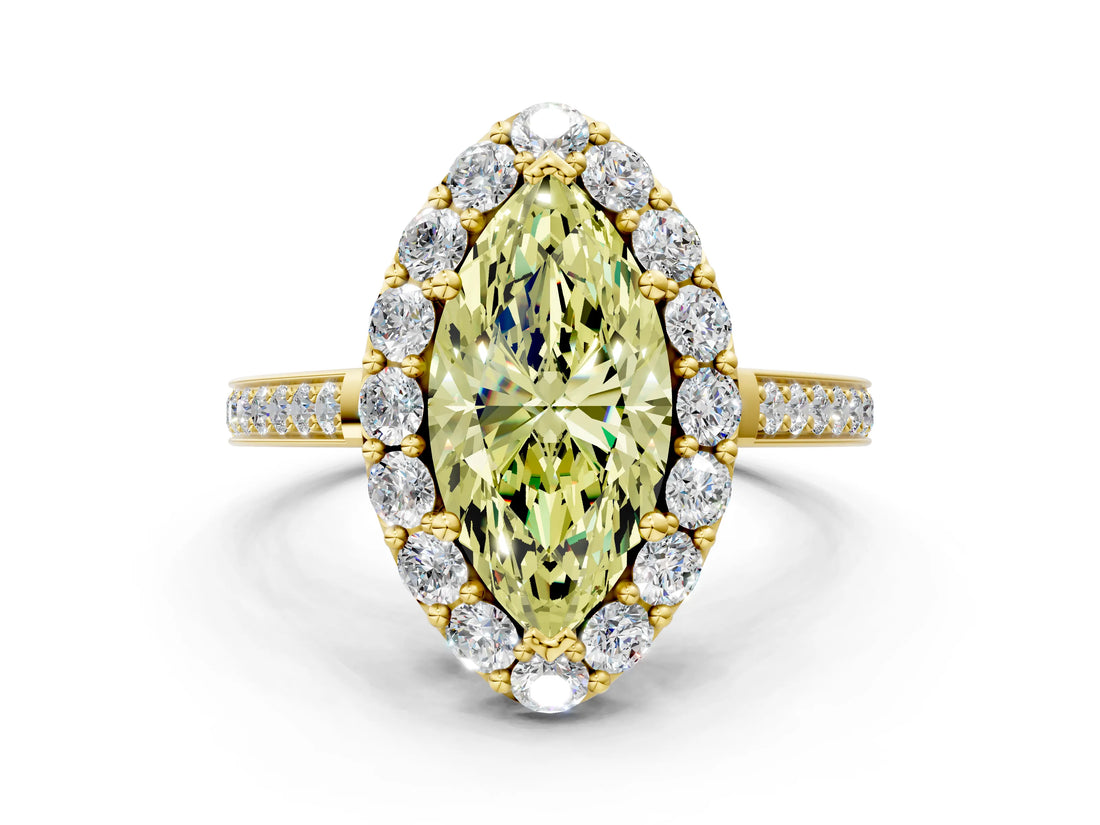 Yellow gold Fancy Yellow Marquise Cut Diamond Floral Halo Ring with Pavé Band and Prong Setting_3