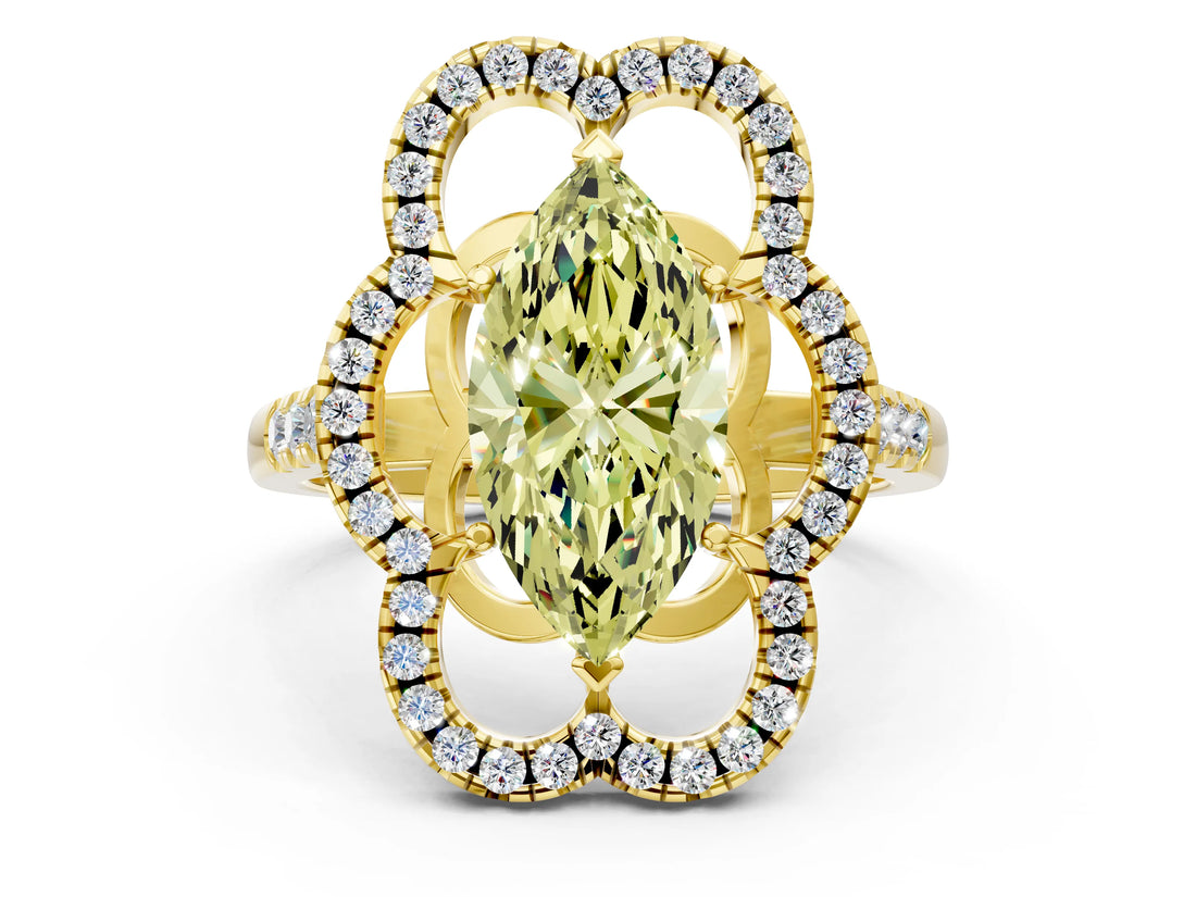 Yellow gold Fancy Yellow Marquise Cut Diamond Floral Halo Split Shank Prong Setting Ring_24