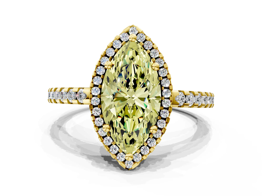 Yellow gold Fancy Yellow Marquise Cut Diamond Halo Engagement Ring with Pavé Band and Prong Setting_27
