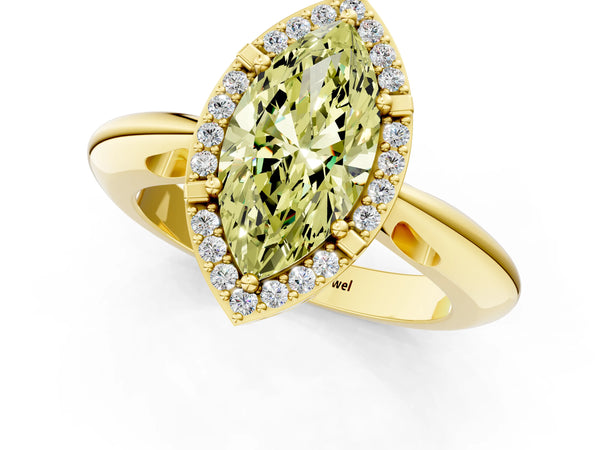 Yellow gold Fancy Yellow Marquise  Cut Diamond Halo Engagement Ring with Split Shank and Four-Prong Setting