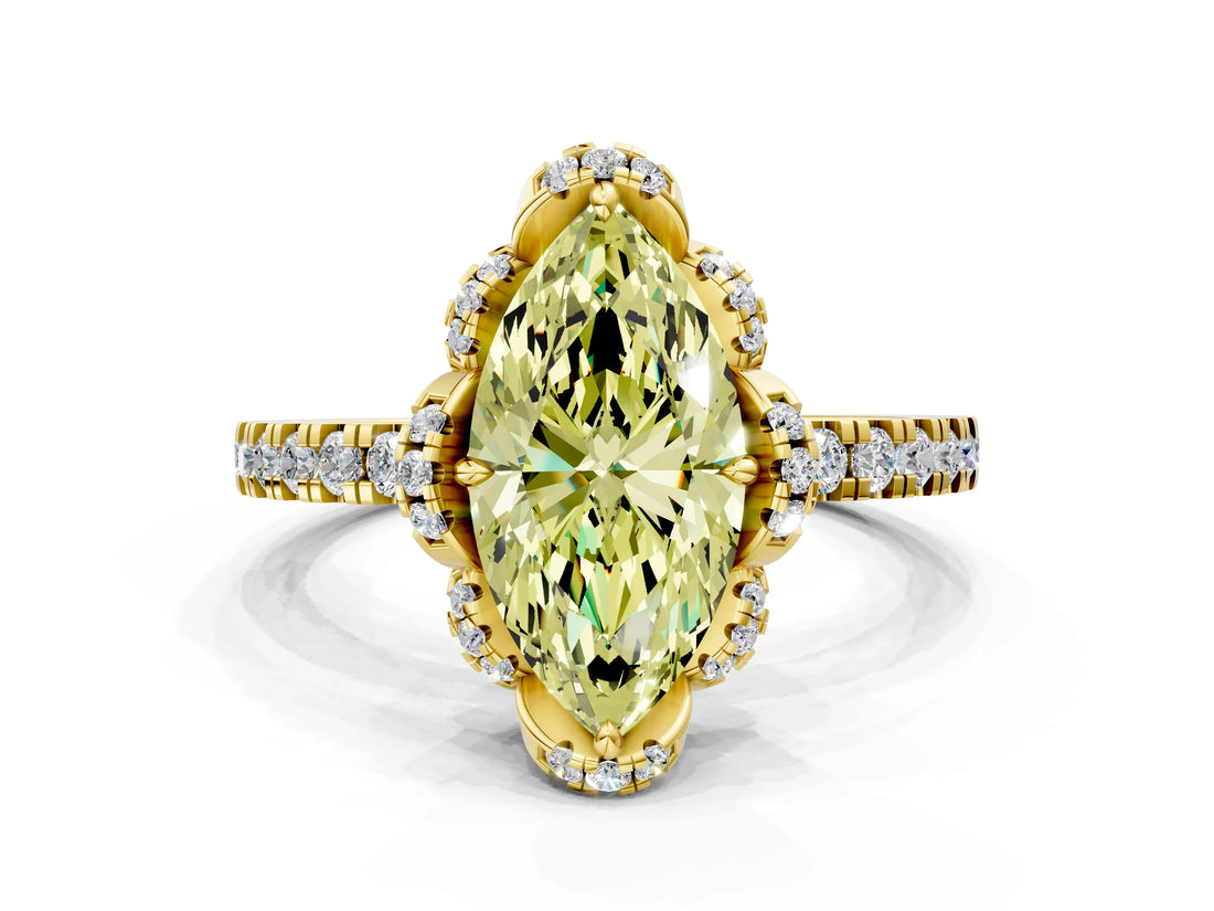 Yellow gold Fancy Yellow Marquise Cut Diamond Halo Pave Band with Four-Prong Setting_3