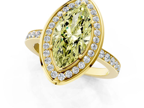 Yellow gold Fancy Yellow Marquise Cut Diamond Halo Ring with Bezel Frame and Pavé Band_1