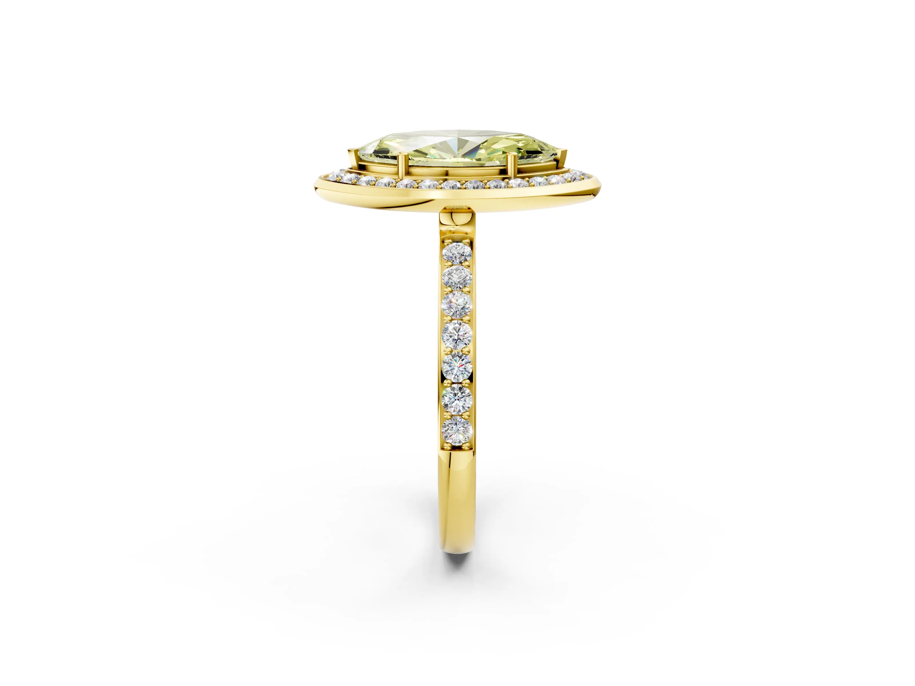 Yellow gold Fancy Yellow Marquise Cut Diamond Halo Ring with Bezel Frame and Pavé Band_2