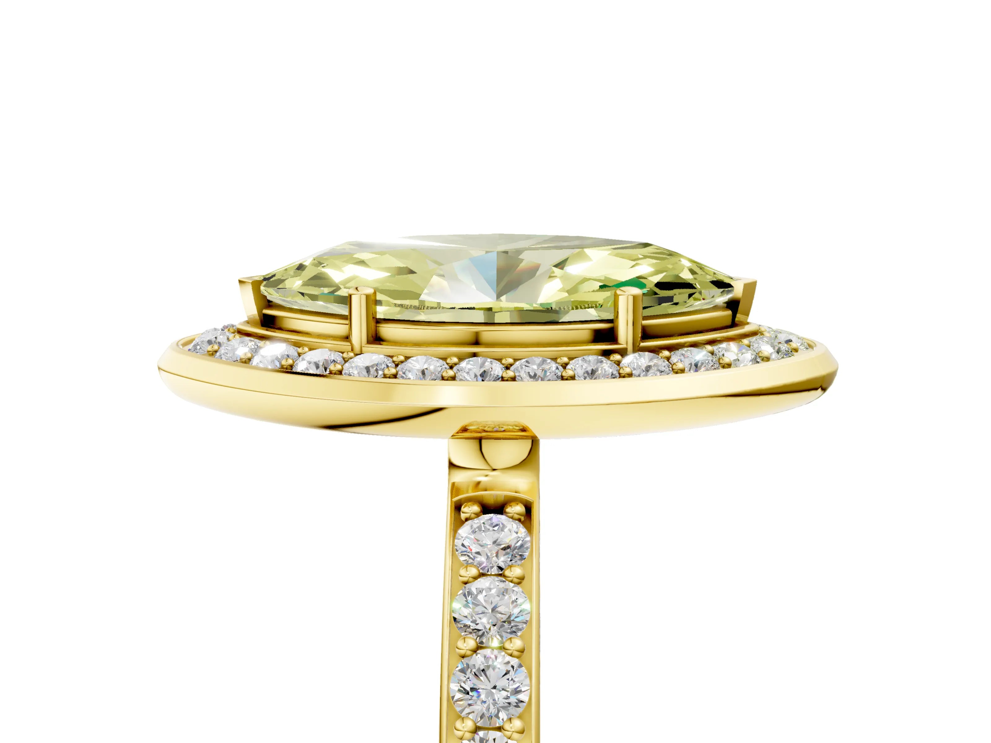 Yellow gold Fancy Yellow Marquise Cut Diamond Halo Ring with Bezel Frame and Pavé Band_5