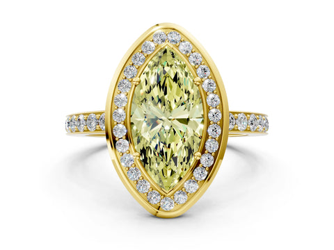 Yellow gold Fancy Yellow Marquise Cut Diamond Halo Ring with Bezel Frame and Pavé Band