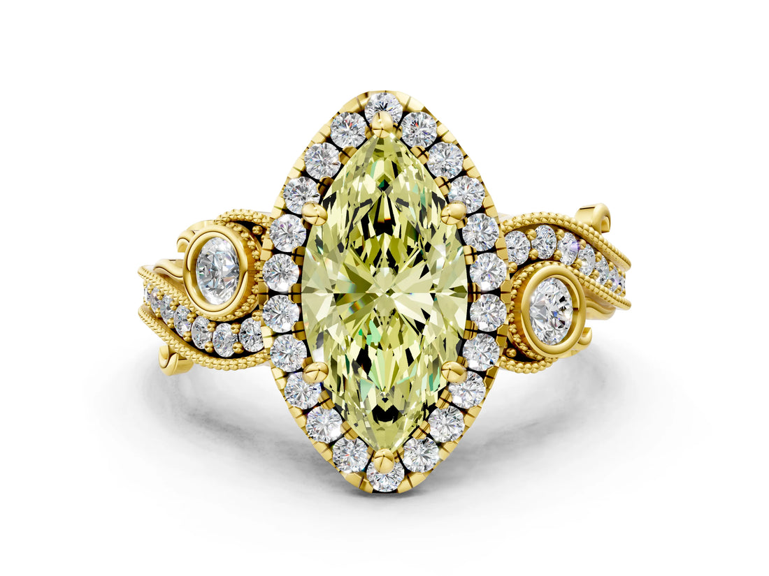 Yellow gold Fancy Yellow Marquise Cut Diamond Halo Ring with Milgrain Pavé Band and Four-Prong Setting_17