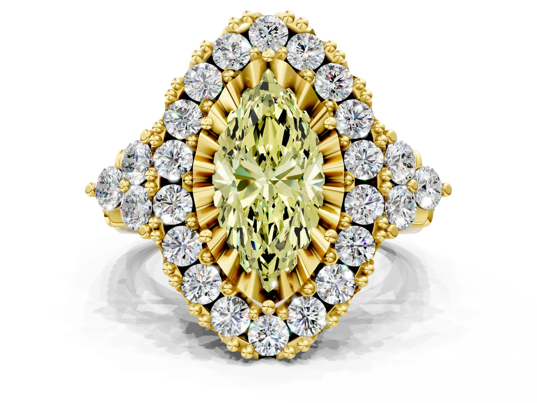 Yellow gold Fancy Yellow Marquise Cut Diamond Halo Ring with Pavé Band and Four-Prong Setting_17