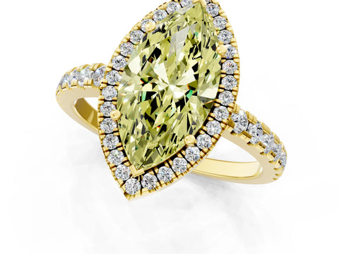 Yellow gold Fancy Yellow Marquise Cut Diamond Halo Ring with Pavé Band and Four-Prong Setting_1