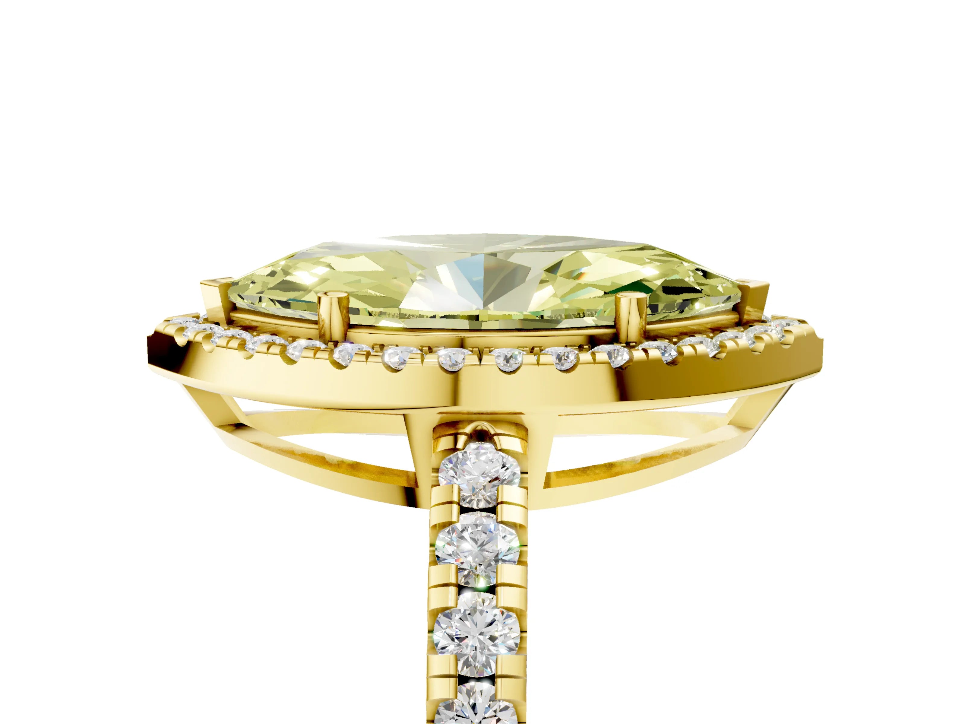 Yellow gold Fancy Yellow Marquise Cut Diamond Halo Ring with Pavé Band and Four-Prong Setting_5
