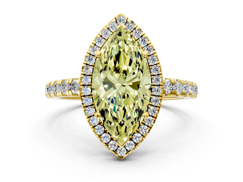 Yellow gold Fancy Yellow Marquise Cut Diamond Halo Ring with Pavé Band and Four-Prong Setting