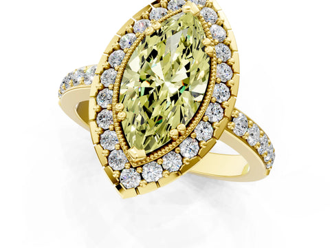 Yellow gold Fancy Yellow Marquise Cut Diamond Halo Ring with Pavé Band and Prong Setting_1