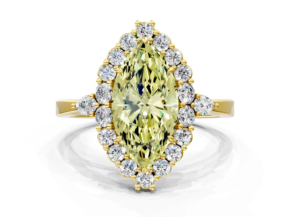 Yellow gold Fancy Yellow Marquise Cut Diamond Halo Ring with Pear Side Stones and Prong Setting_17