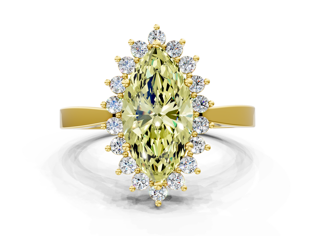 Yellow gold Fancy Yellow Marquise  Cut Diamond Halo Ring with Round Brilliant Halo and Solitaire Band