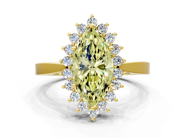 Yellow gold Fancy Yellow Marquise  Cut Diamond Halo Ring with Round Brilliant Halo and Solitaire Band