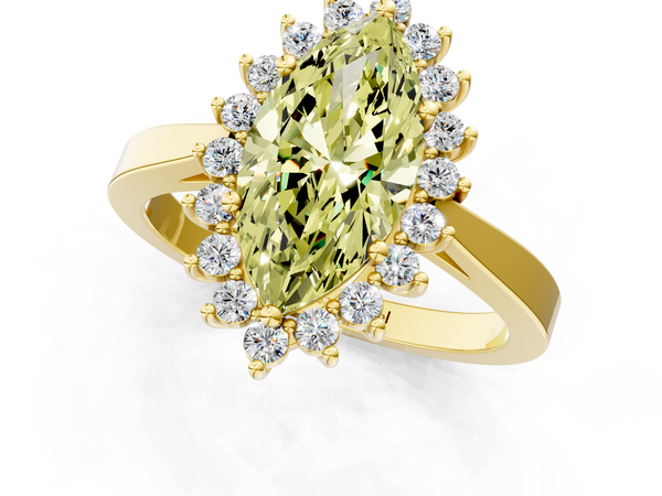 Yellow gold Fancy Yellow Marquise  Cut Diamond Halo Ring with Round Brilliant Halo and Solitaire Band