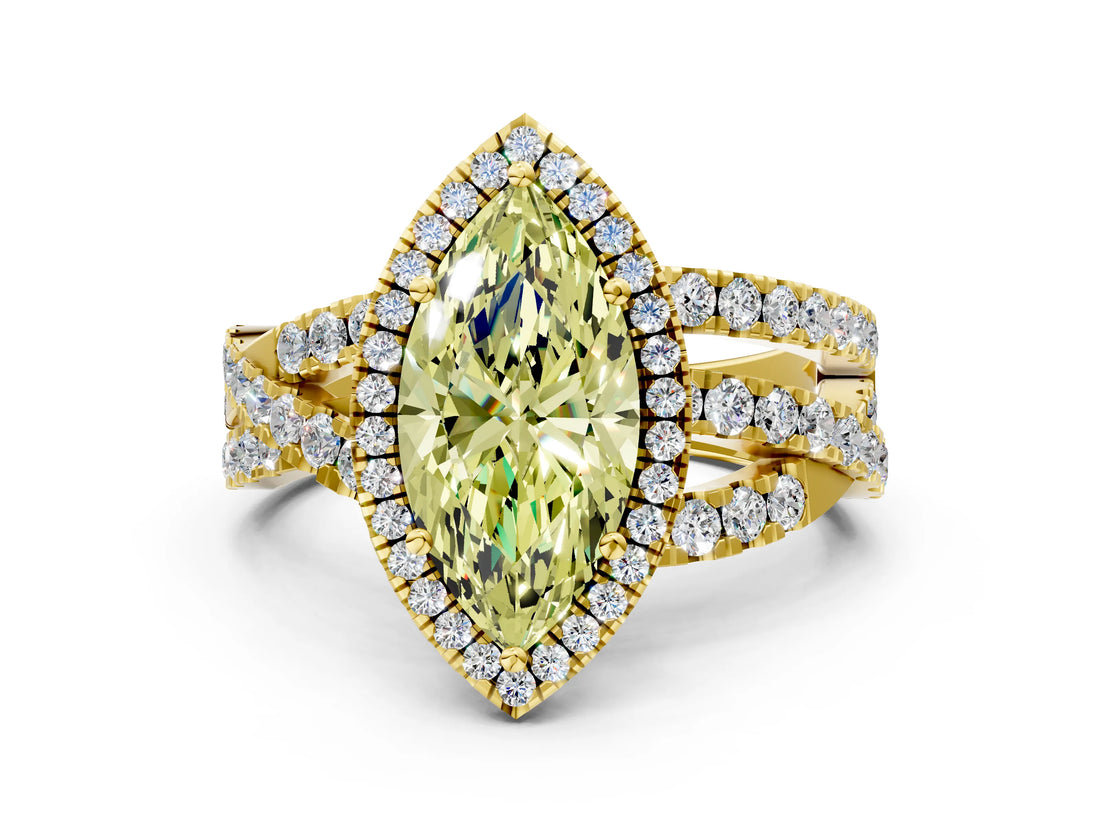 Yellow gold Fancy Yellow Marquise Cut Diamond Halo Ring with Round Split Shank and Prong Setting_36