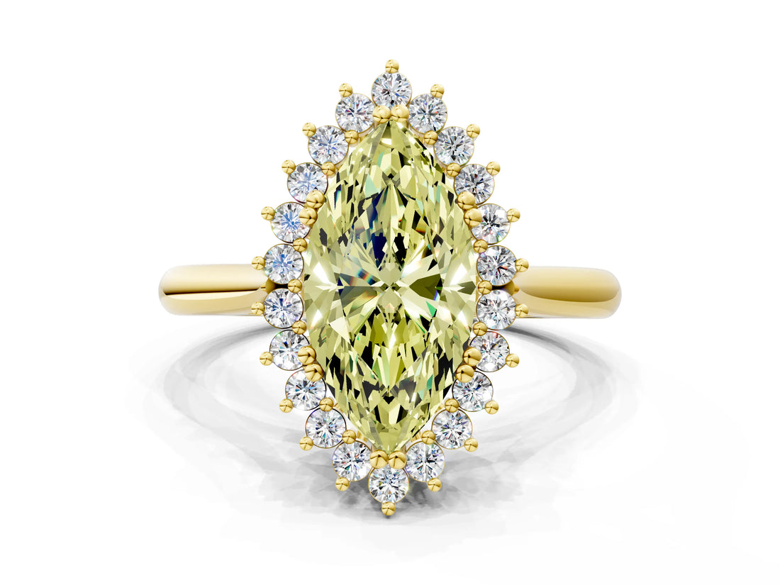 Yellow gold Fancy Yellow Marquise  Cut Diamond Halo Ring with Solitaire Band and Prong Setting_30