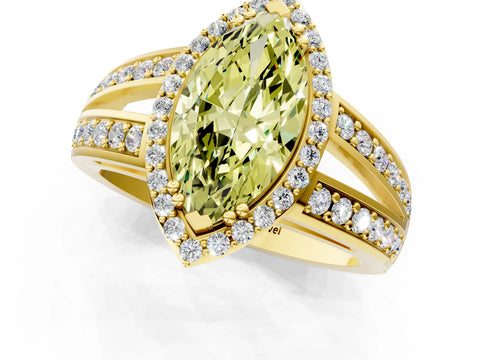 Yellow gold Fancy Yellow Marquise Cut Diamond Halo Ring with Split Shank Pavé Band and Four-Prong Setting_1