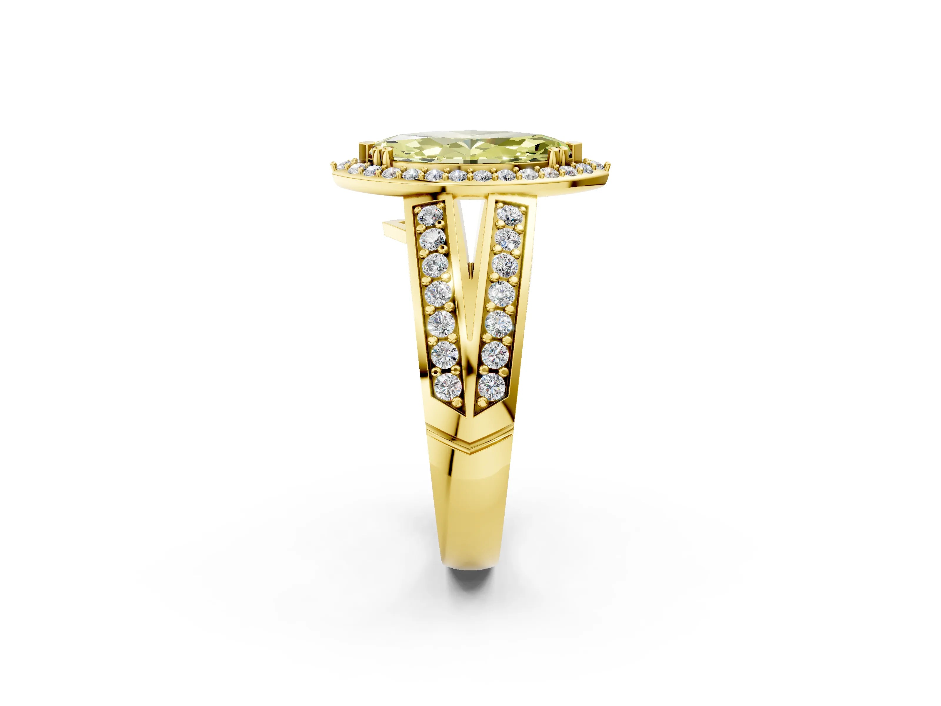 Yellow gold Fancy Yellow Marquise Cut Diamond Halo Ring with Split Shank Pavé Band and Four-Prong Setting_2