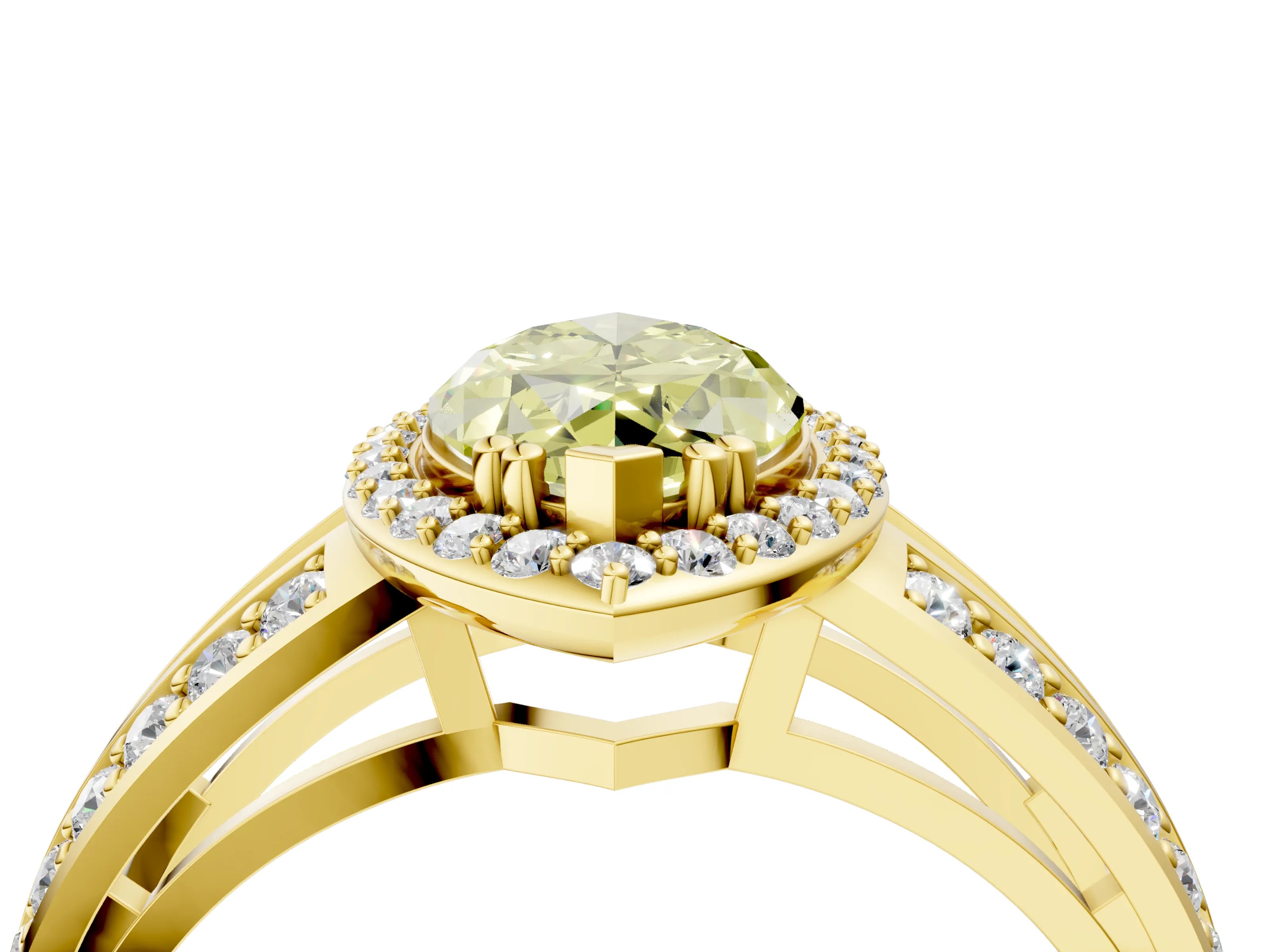 Yellow gold Fancy Yellow Marquise Cut Diamond Halo Ring with Split Shank Pavé Band and Four-Prong Setting_4