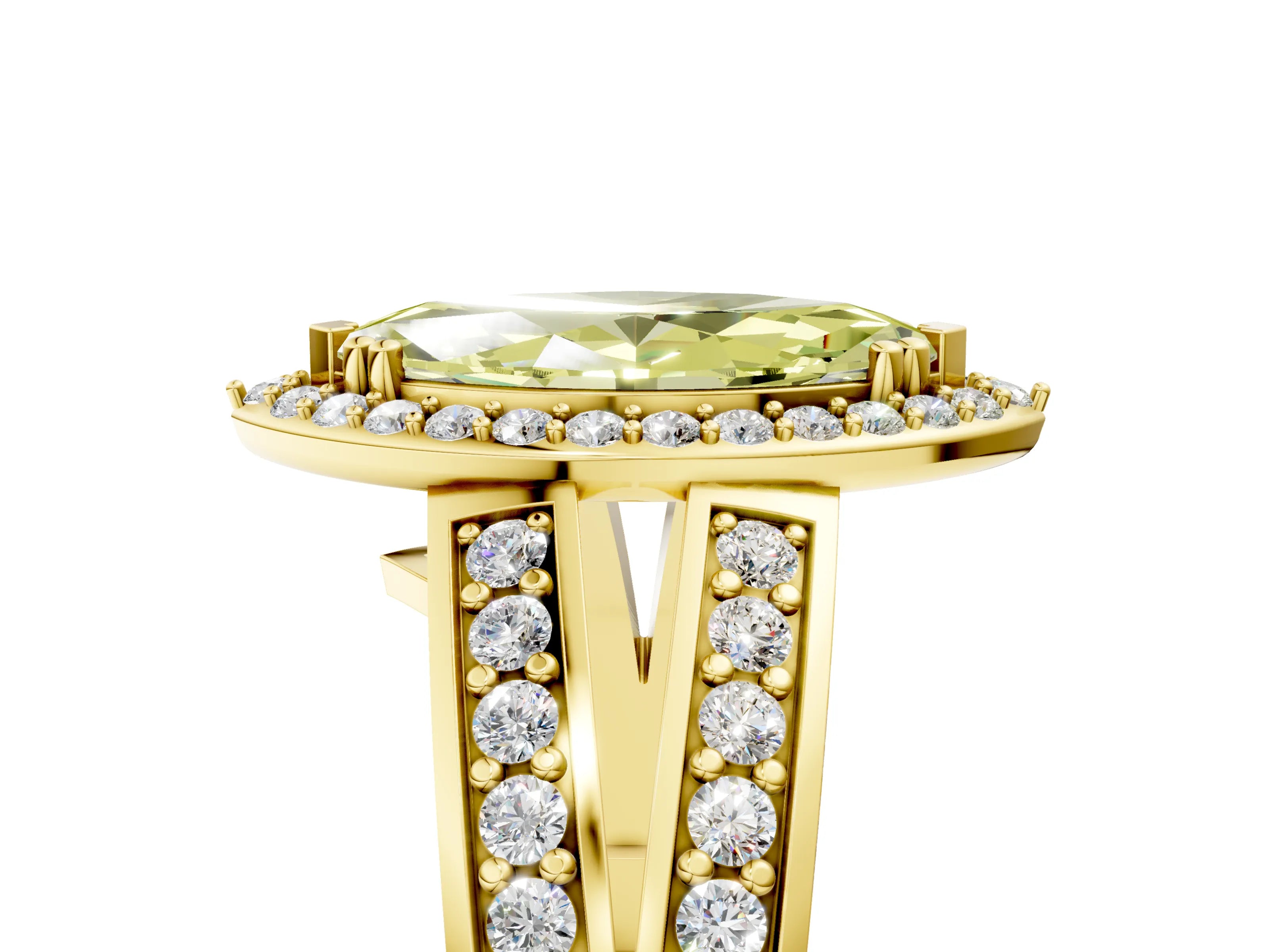 Yellow gold Fancy Yellow Marquise Cut Diamond Halo Ring with Split Shank Pavé Band and Four-Prong Setting_5