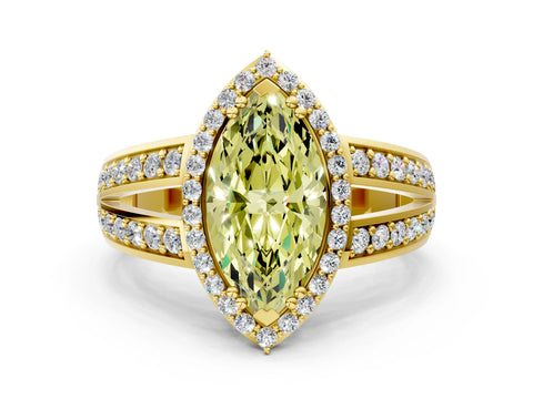 Yellow gold Fancy Yellow Marquise Cut Diamond Halo Ring with Split Shank Pavé Band and Four-Prong Setting