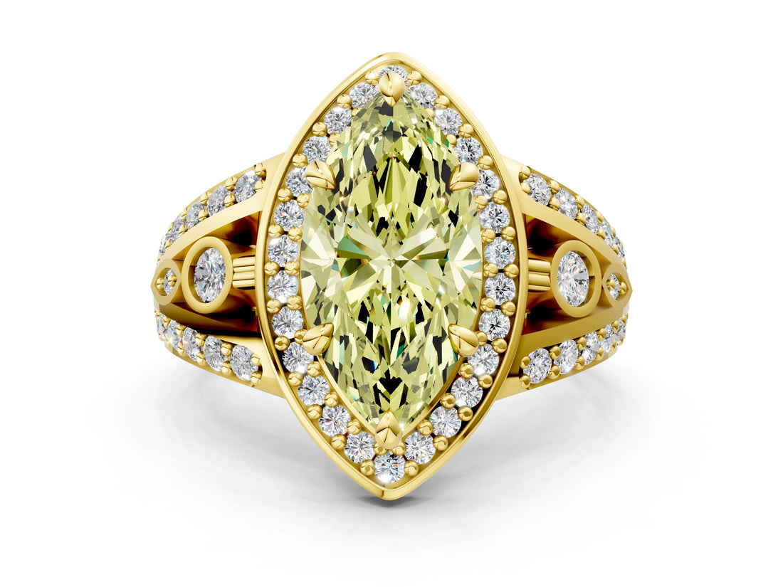 Yellow gold Fancy Yellow Marquise Cut Diamond Halo Ring with Split Shank and Bezel Accents and Four-Prong Setting
